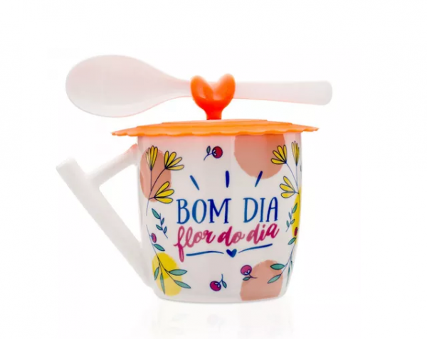 CANECA COM COLHER E TAMPA FLOR