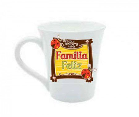 CANECA BRANCA PORCELANA FAMÍLIA FELIZ